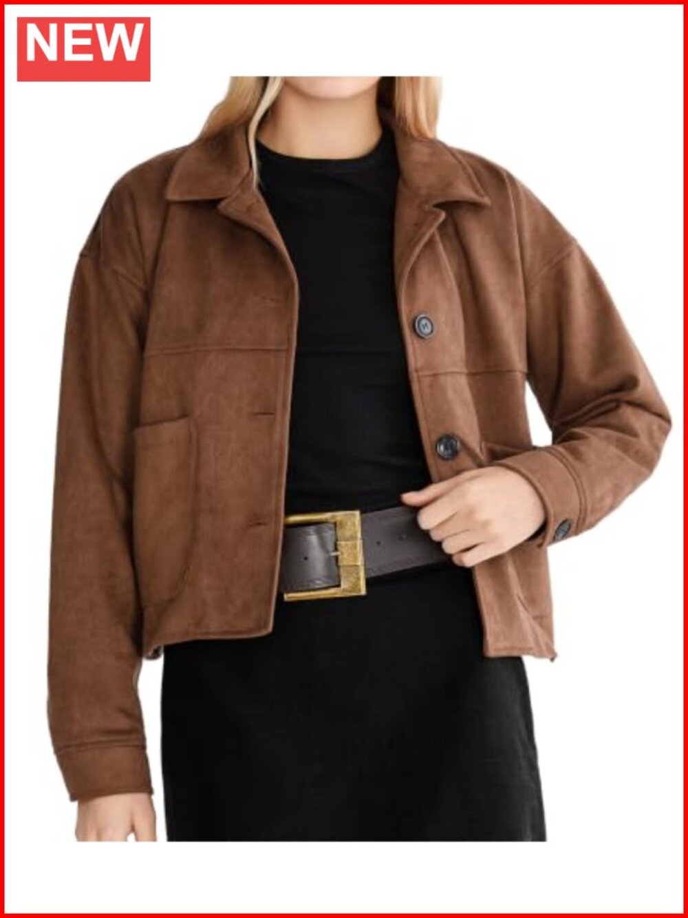 Women's Faux Suede Relaxed Fit Cropped Jacket with Pockets